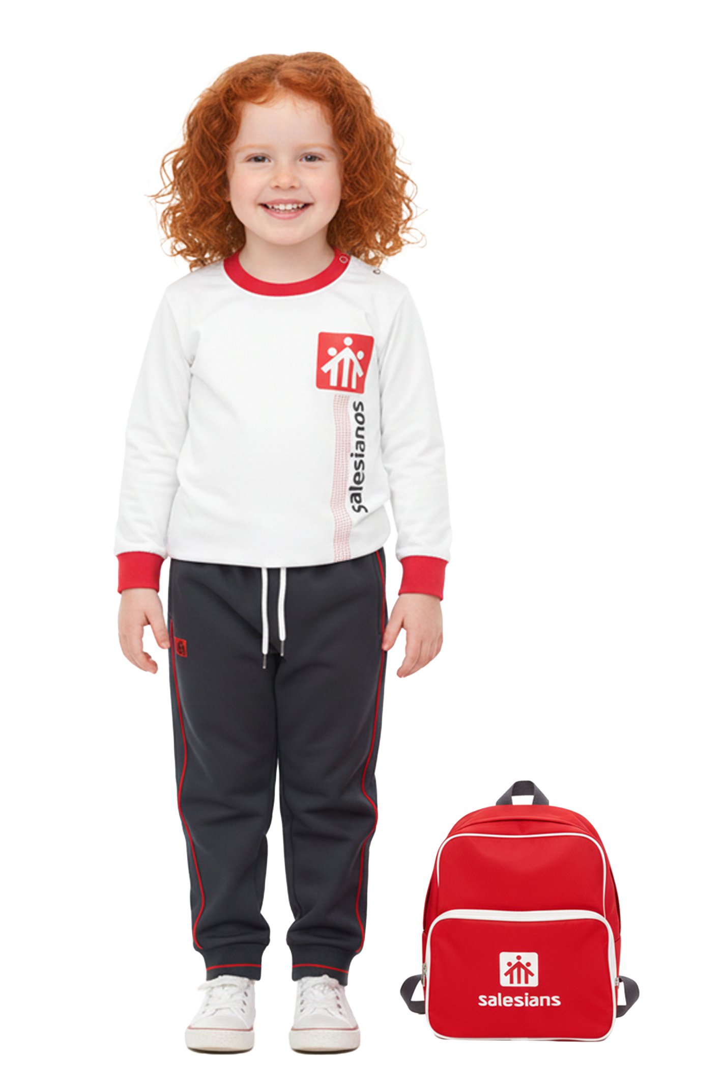 Alumna de educación infantil vistiendo camiseta de manga larga, pantalón de chándal y mochila de Salesianos confeccionados por Colex Uniformes