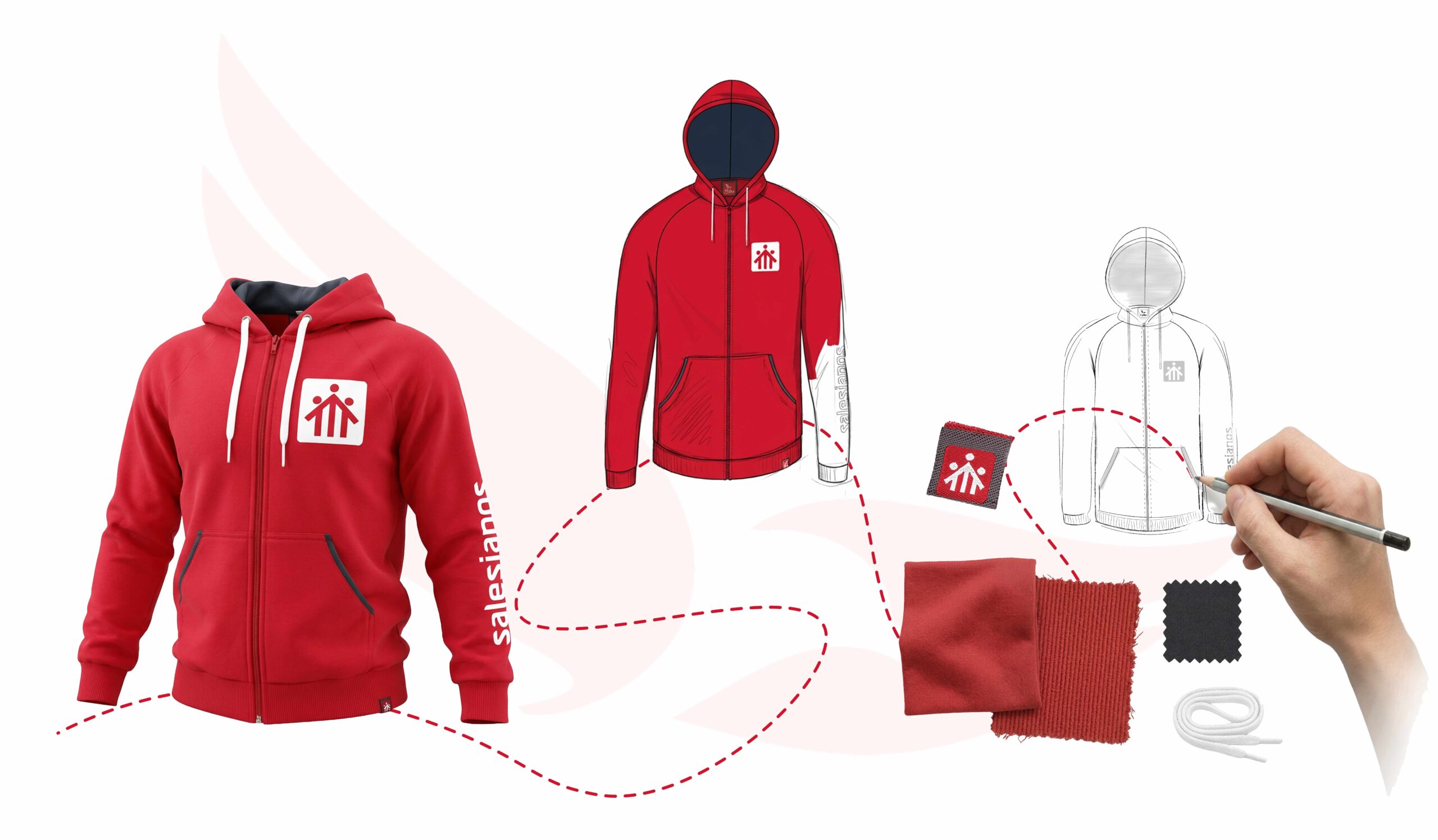 Boceto, muestras de tejidos y sudadera con capucha terminada para el colegio Salesianos por Colex Uniformes